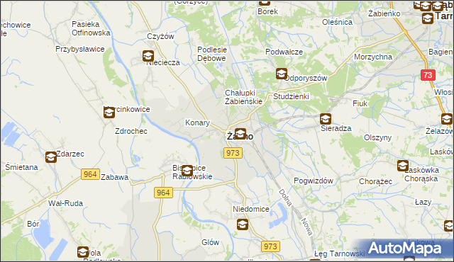 mapa Żabno powiat tarnowski, Żabno powiat tarnowski na mapie Targeo