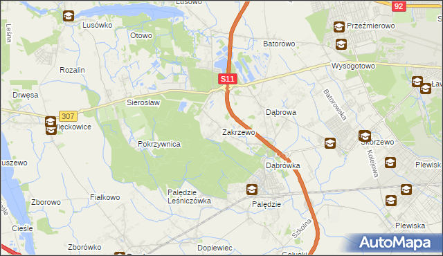 mapa Zakrzewo gmina Dopiewo, Zakrzewo gmina Dopiewo na mapie Targeo