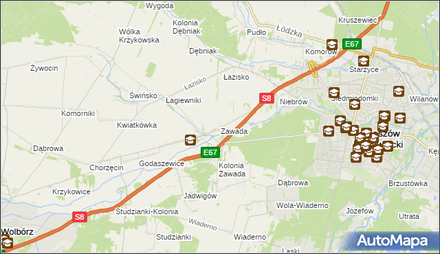 mapa Zawada gmina Tomaszów Mazowiecki, Zawada gmina Tomaszów Mazowiecki na mapie Targeo