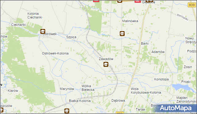 mapa Zawadów gmina Puchaczów, Zawadów gmina Puchaczów na mapie Targeo