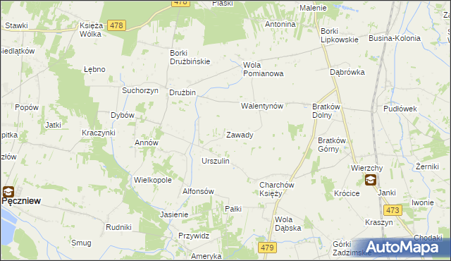 mapa Zawady gmina Zadzim, Zawady gmina Zadzim na mapie Targeo