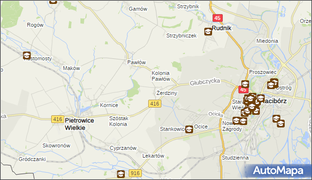 mapa Żerdziny gmina Pietrowice Wielkie, Żerdziny gmina Pietrowice Wielkie na mapie Targeo
