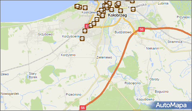 mapa Zieleniewo gmina Kołobrzeg, Zieleniewo gmina Kołobrzeg na mapie Targeo