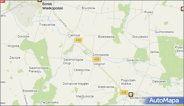mapa Zimnowoda gmina Borek Wielkopolski, Zimnowoda gmina Borek Wielkopolski na mapie Targeo