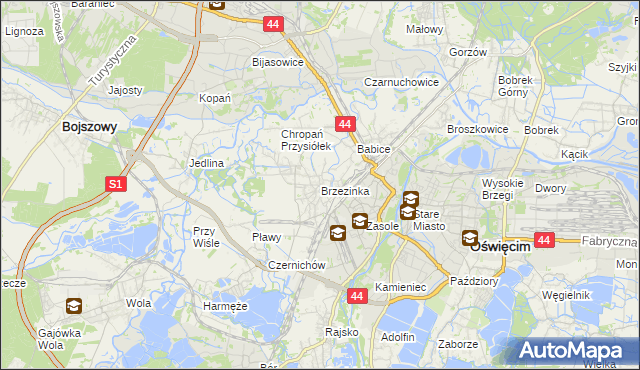 mapa Brzezinka gmina Oświęcim, Brzezinka gmina Oświęcim na mapie Targeo