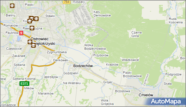 mapa Przyborów gmina Bodzechów, Przyborów gmina Bodzechów na mapie Targeo