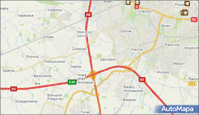 mapa Zabrodzie gmina Kąty Wrocławskie, Zabrodzie gmina Kąty Wrocławskie na mapie Targeo