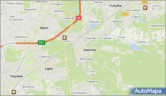 mapa Zielonka powiat wołomiński, Zielonka powiat wołomiński na mapie Targeo