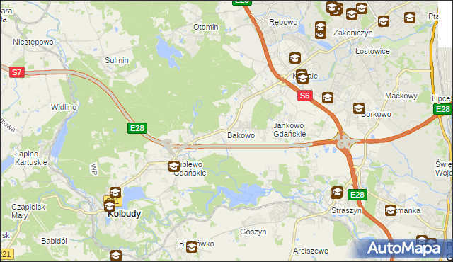 mapa Bąkowo gmina Kolbudy, Bąkowo gmina Kolbudy na mapie Targeo