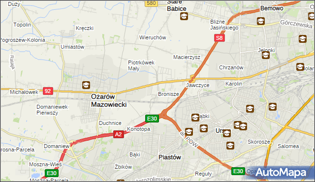 mapa Bronisze gmina Ożarów Mazowiecki, Bronisze gmina Ożarów Mazowiecki na mapie Targeo