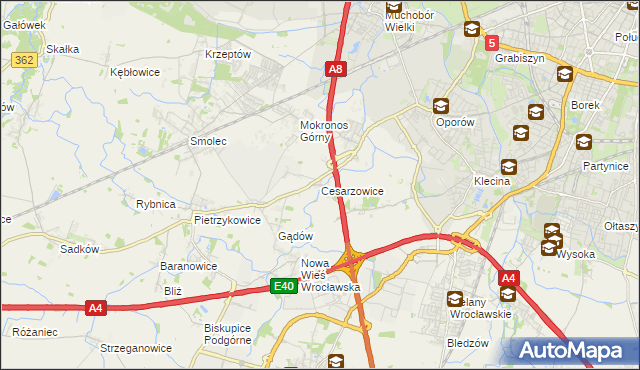 mapa Cesarzowice gmina Kąty Wrocławskie, Cesarzowice gmina Kąty Wrocławskie na mapie Targeo