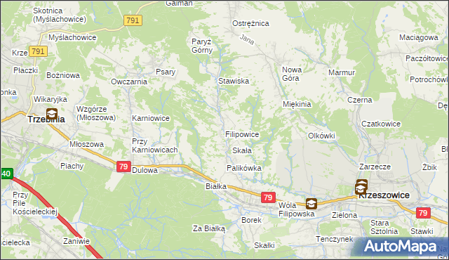 mapa Filipowice gmina Krzeszowice, Filipowice gmina Krzeszowice na mapie Targeo