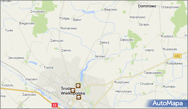 mapa Janowo gmina Środa Wielkopolska, Janowo gmina Środa Wielkopolska na mapie Targeo
