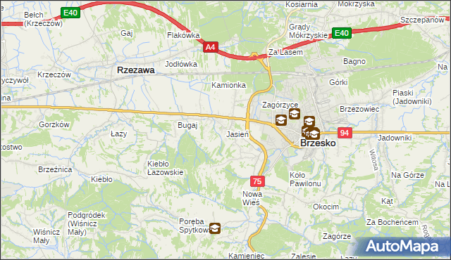 mapa Jasień gmina Brzesko, Jasień gmina Brzesko na mapie Targeo