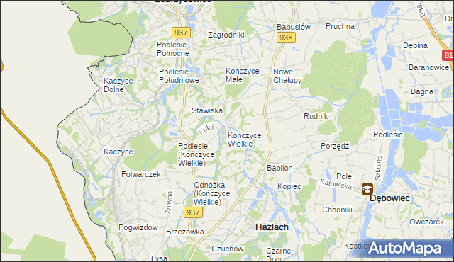 mapa Kończyce Wielkie, Kończyce Wielkie na mapie Targeo