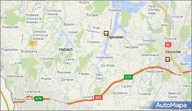 mapa Kostkowice gmina Dębowiec, Kostkowice gmina Dębowiec na mapie Targeo