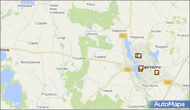 mapa Łabędź gmina Ryńsk, Łabędź gmina Ryńsk na mapie Targeo