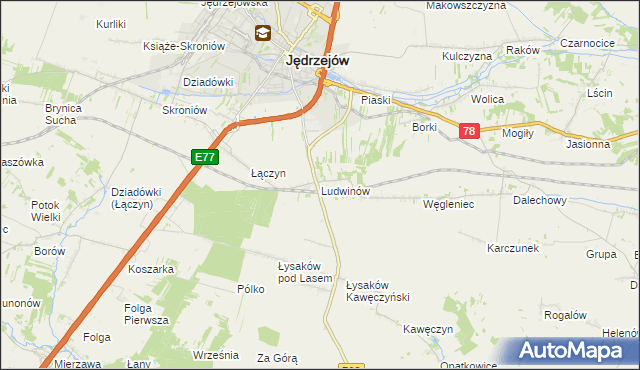 mapa Ludwinów gmina Jędrzejów, Ludwinów gmina Jędrzejów na mapie Targeo