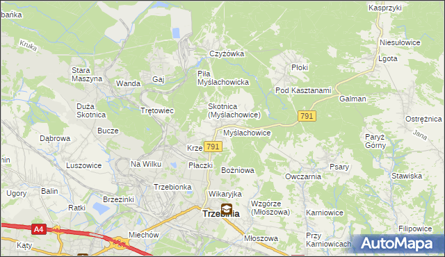 mapa Myślachowice, Myślachowice na mapie Targeo