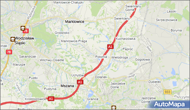 mapa Połomia gmina Mszana, Połomia gmina Mszana na mapie Targeo