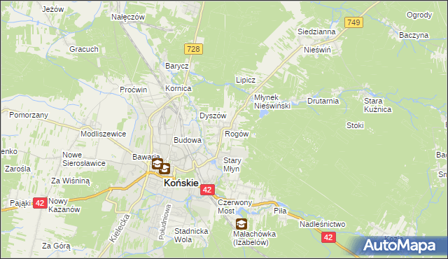 mapa Rogów gmina Końskie, Rogów gmina Końskie na mapie Targeo