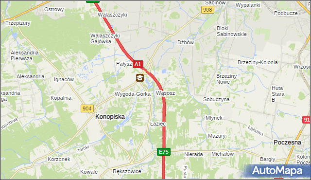 mapa Wąsosz gmina Konopiska, Wąsosz gmina Konopiska na mapie Targeo