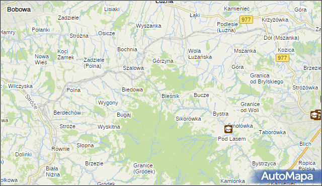 mapa Bieśnik gmina Łużna, Bieśnik gmina Łużna na mapie Targeo