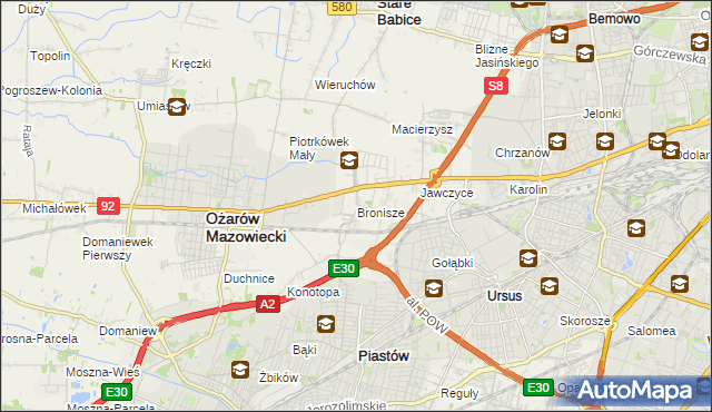 mapa Bronisze gmina Ożarów Mazowiecki, Bronisze gmina Ożarów Mazowiecki na mapie Targeo