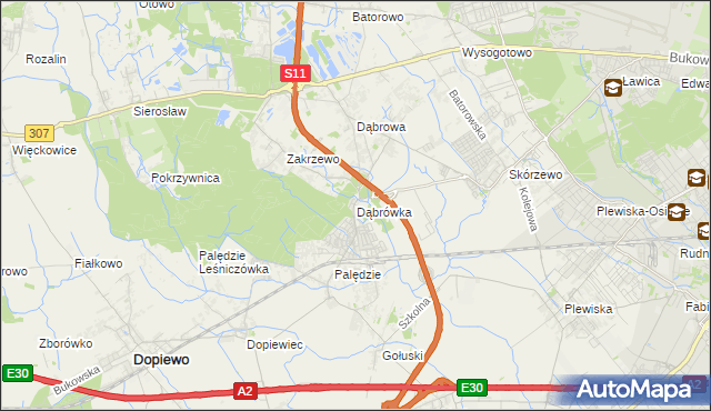 mapa Dąbrówka gmina Dopiewo, Dąbrówka gmina Dopiewo na mapie Targeo