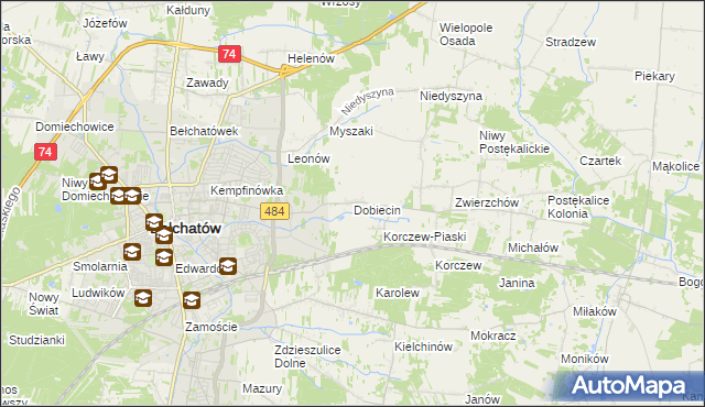 mapa Dobiecin gmina Bełchatów, Dobiecin gmina Bełchatów na mapie Targeo