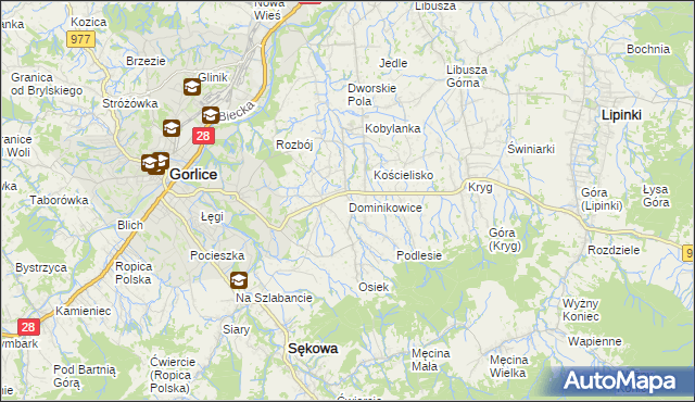 mapa Dominikowice gmina Gorlice, Dominikowice gmina Gorlice na mapie Targeo