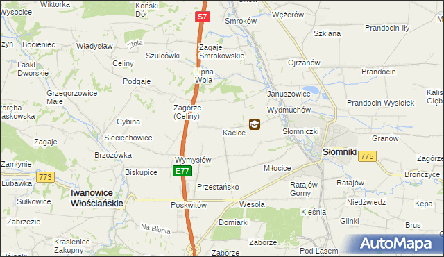 mapa Kacice gmina Słomniki, Kacice gmina Słomniki na mapie Targeo