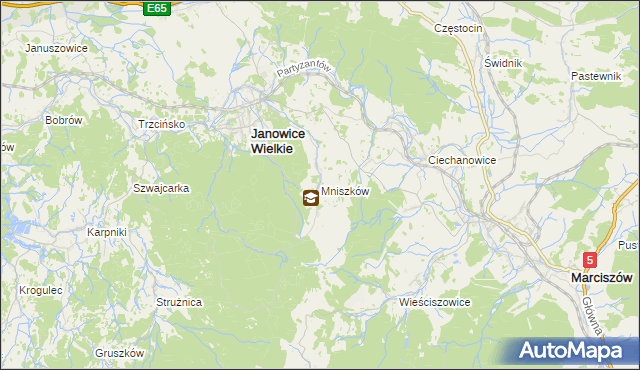 mapa Mniszków gmina Janowice Wielkie, Mniszków gmina Janowice Wielkie na mapie Targeo