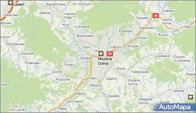 mapa Mszana Dolna, Mszana Dolna na mapie Targeo