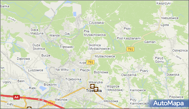 mapa Myślachowice, Myślachowice na mapie Targeo