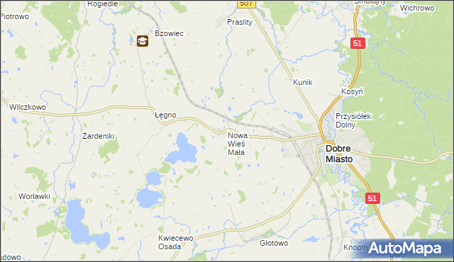 mapa Nowa Wieś Mała gmina Dobre Miasto, Nowa Wieś Mała gmina Dobre Miasto na mapie Targeo