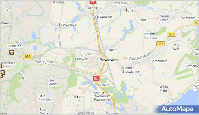 mapa Pawłowice powiat pszczyński, Pawłowice powiat pszczyński na mapie Targeo