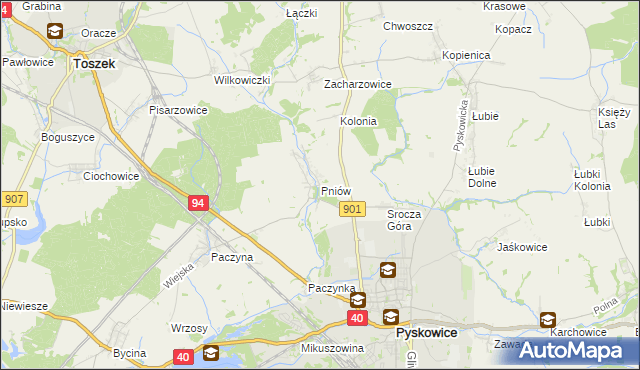 mapa Pniów gmina Toszek, Pniów gmina Toszek na mapie Targeo