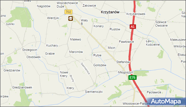 mapa Rybie gmina Krzyżanów, Rybie gmina Krzyżanów na mapie Targeo