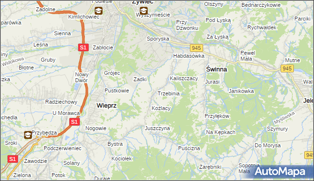 mapa Trzebinia gmina Świnna, Trzebinia gmina Świnna na mapie Targeo