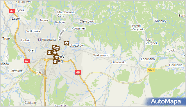 mapa Waksmund, Waksmund na mapie Targeo
