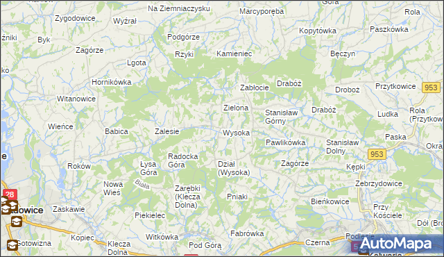 mapa Wysoka gmina Wadowice, Wysoka gmina Wadowice na mapie Targeo