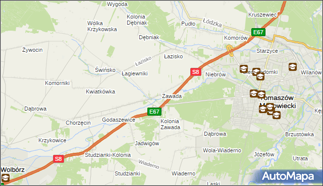 mapa Zawada gmina Tomaszów Mazowiecki, Zawada gmina Tomaszów Mazowiecki na mapie Targeo