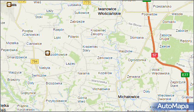 mapa Żerkowice gmina Iwanowice, Żerkowice gmina Iwanowice na mapie Targeo
