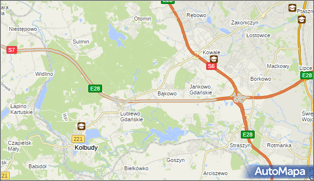 mapa Bąkowo gmina Kolbudy, Bąkowo gmina Kolbudy na mapie Targeo