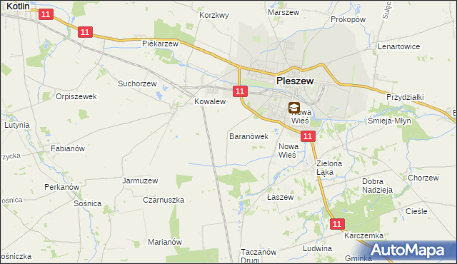 mapa Baranówek gmina Pleszew, Baranówek gmina Pleszew na mapie Targeo
