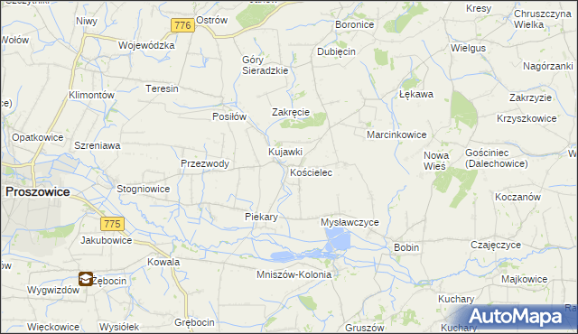 mapa Kościelec gmina Proszowice, Kościelec gmina Proszowice na mapie Targeo