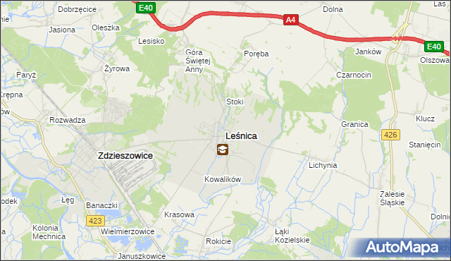 mapa Leśnica powiat strzelecki, Leśnica powiat strzelecki na mapie Targeo