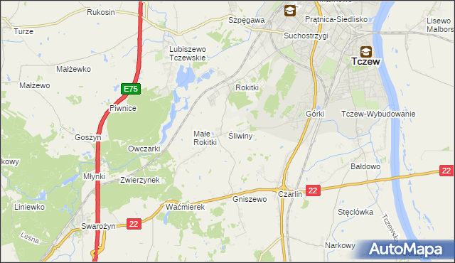 mapa Śliwiny gmina Tczew, Śliwiny gmina Tczew na mapie Targeo