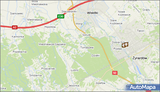 mapa Tomaszew gmina Wiskitki, Tomaszew gmina Wiskitki na mapie Targeo